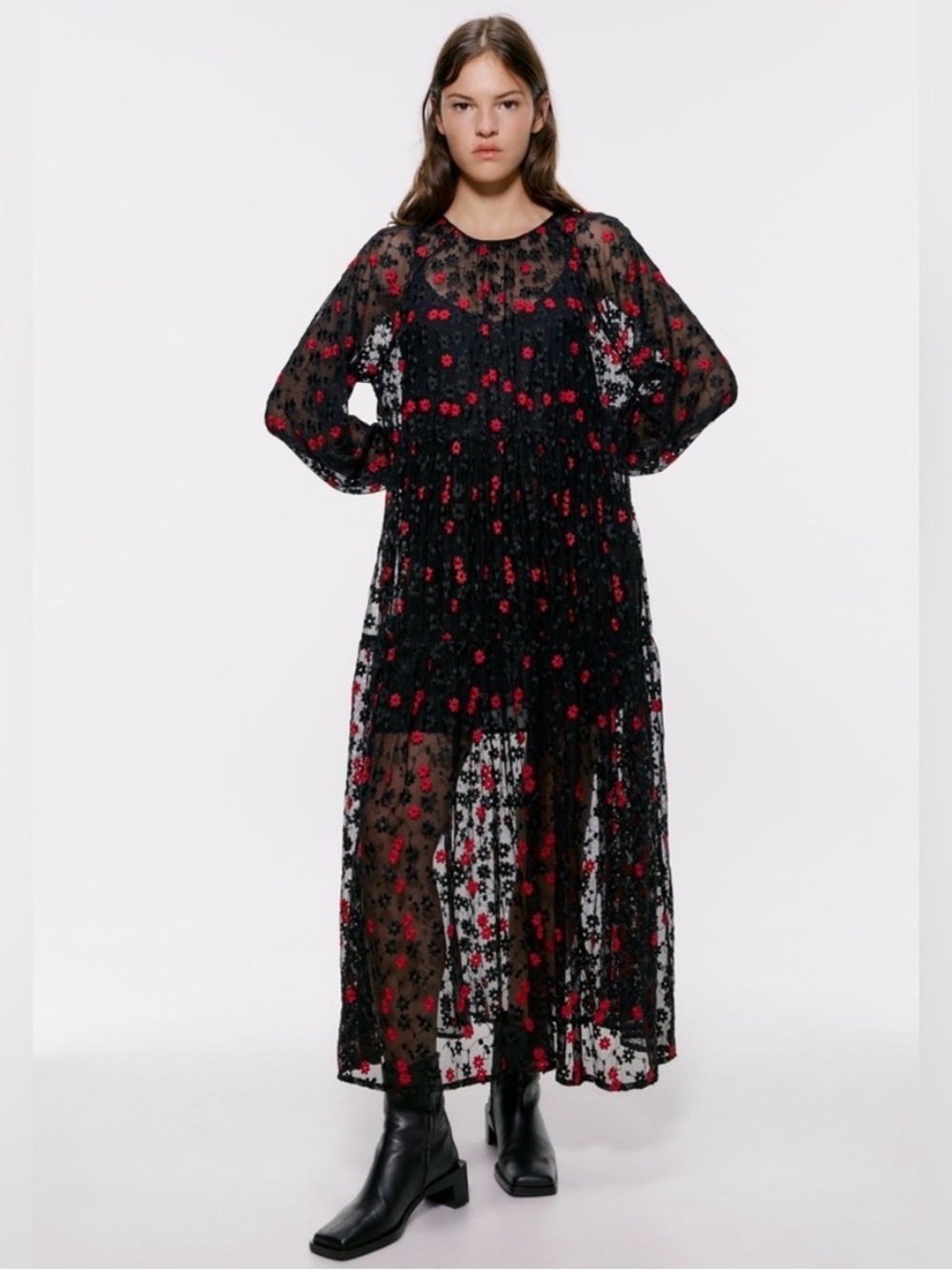 Zara Black Floral Embroidered Oversized Maxi Dress